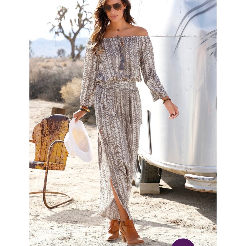 Lascana for Venus Grey Silver Metallic Off Shoulder Maxi Dress Tassel Size S